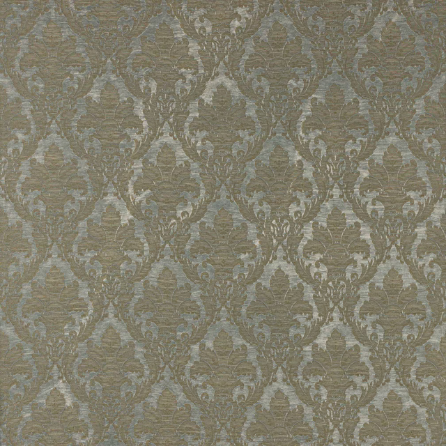 Blue-grey damask woven fabric with pale scrolling motifs and textured slub