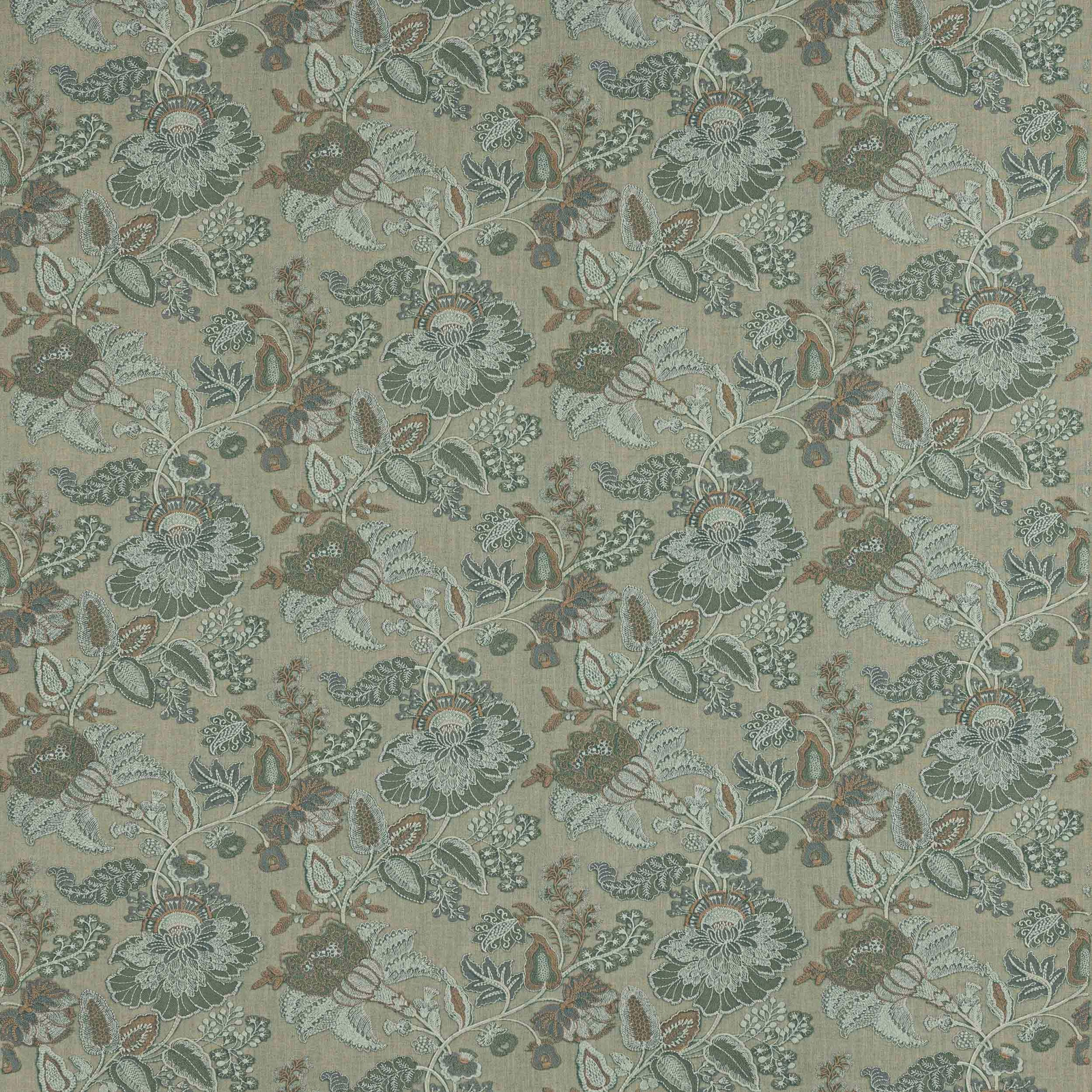 Floral trailing fabric in soft aqua green with sage and taupe leaves