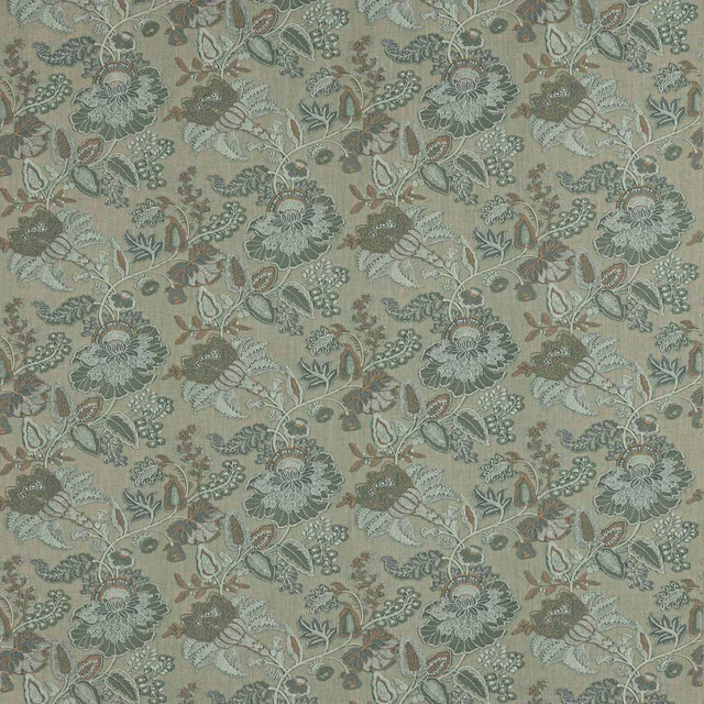 Floral trailing fabric in soft aqua green with sage and taupe leaves
