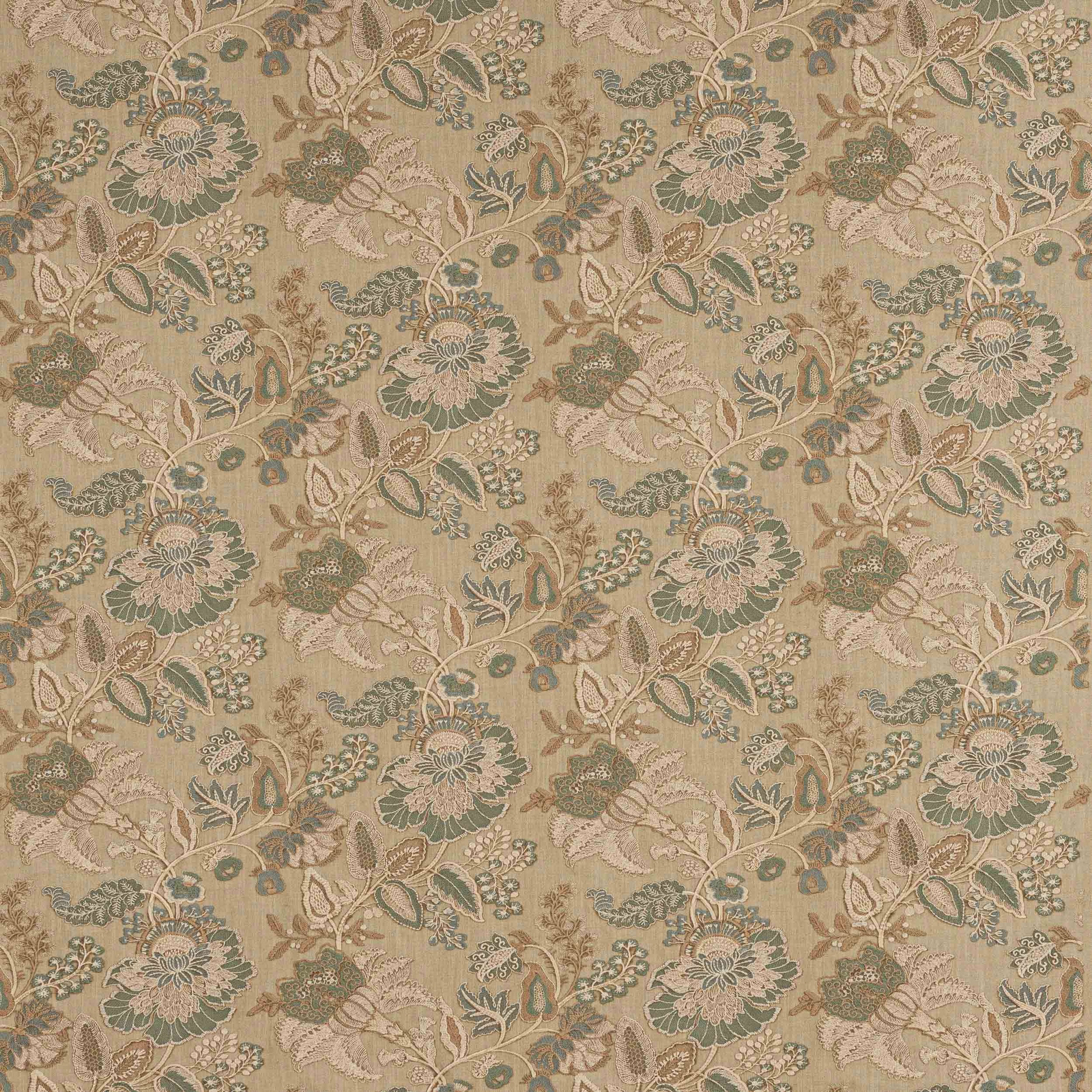 Muted blue and natural floral jacquard with trailing vine pattern