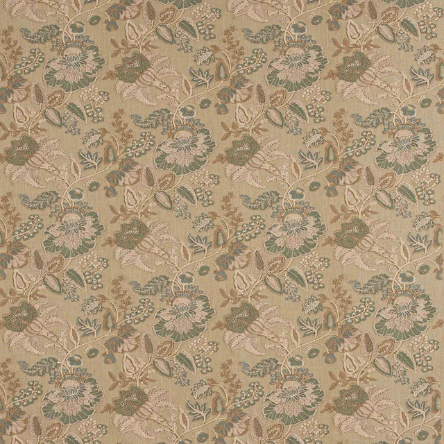 Muted blue and natural floral jacquard with trailing vine pattern