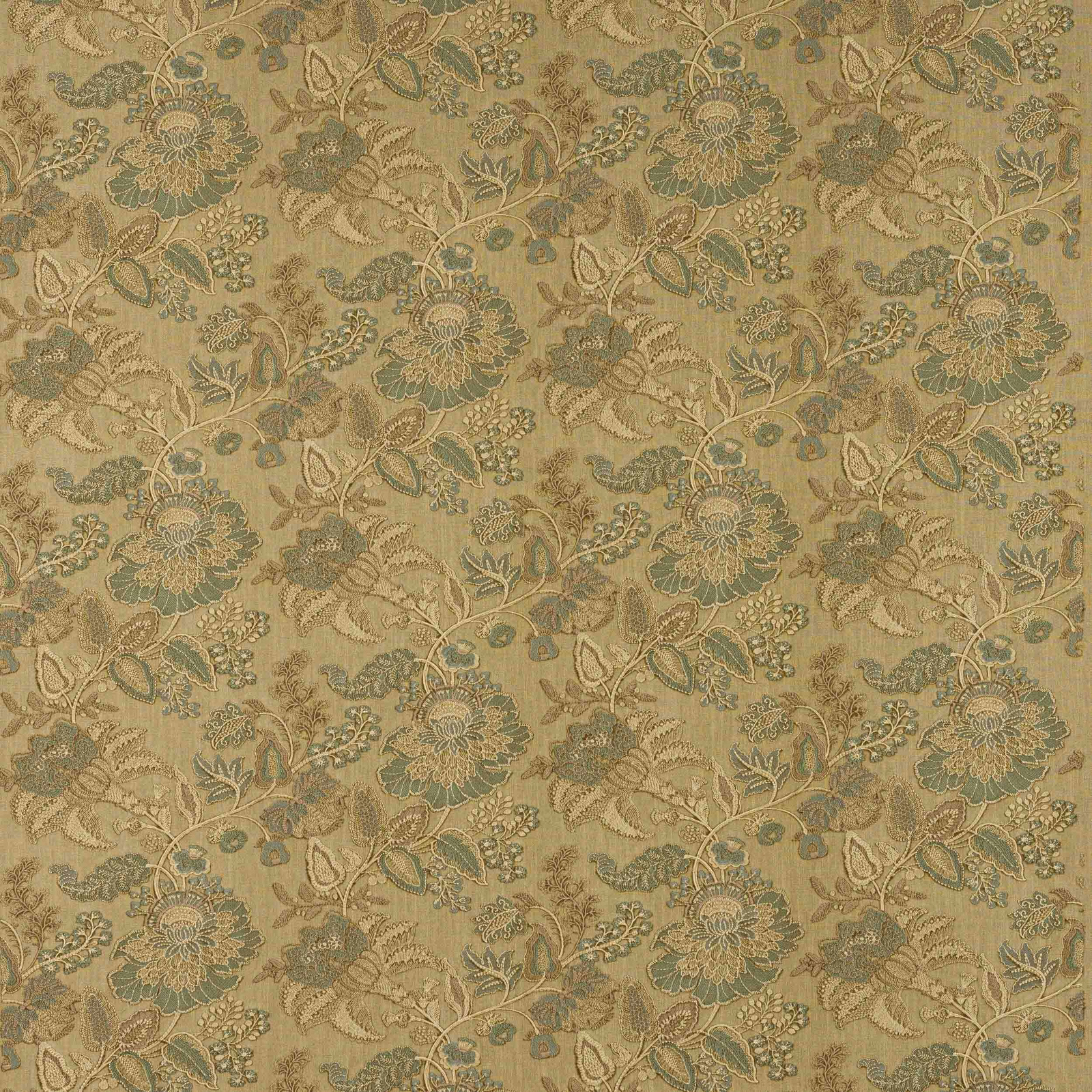 Muted olive and sage floral patterned fabric on a warm beige ground