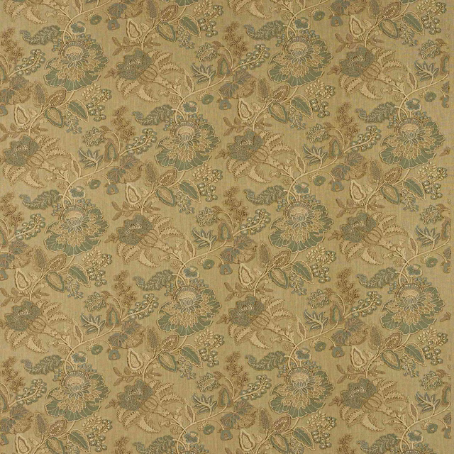 Muted olive and sage floral patterned fabric on a warm beige ground
