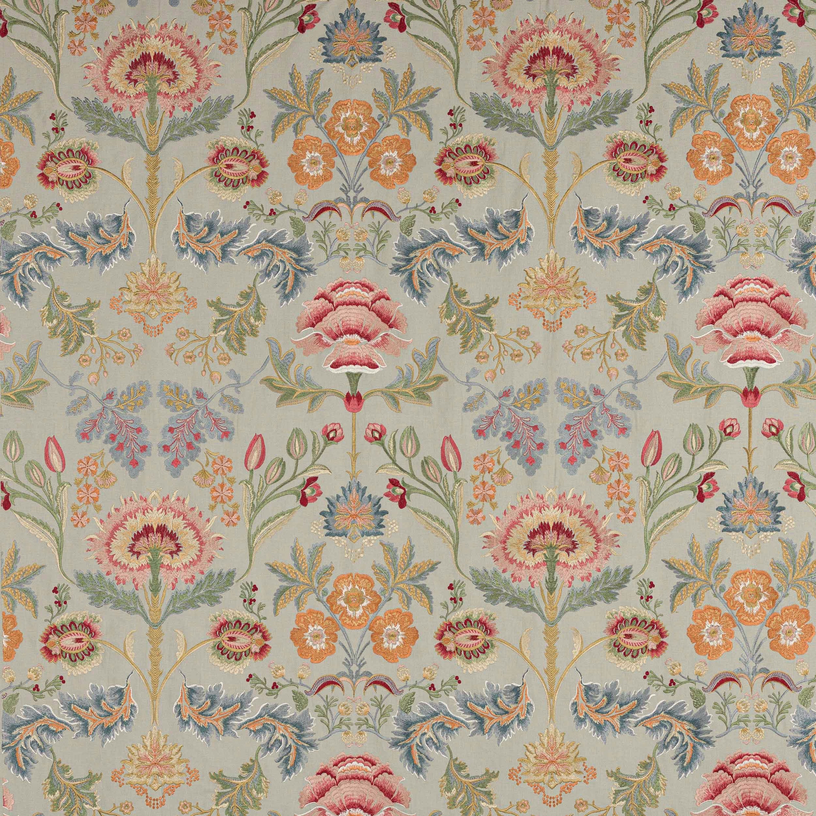 Pale aqua floral fabric swatch with pink, coral and blue motifs