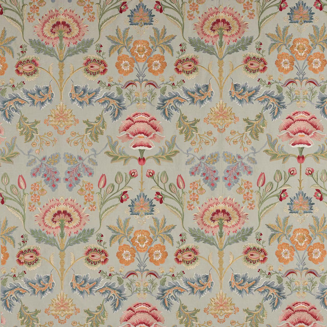 Pale aqua floral fabric swatch with pink, coral and blue motifs