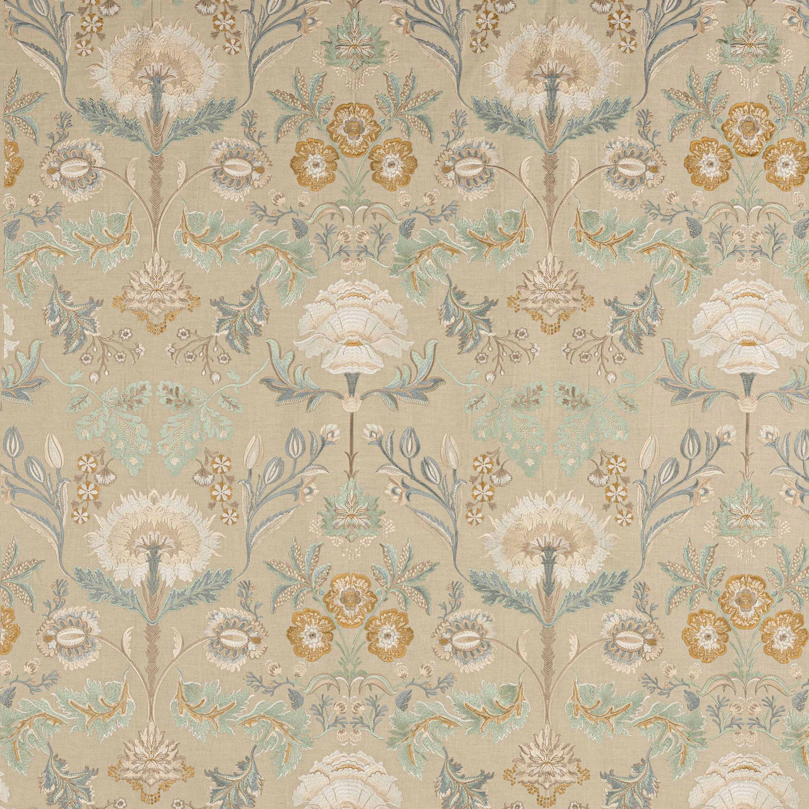 Ornate beige floral fabric swatch with soft aqua, cream and gold motifs
