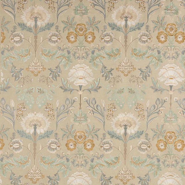 Ornate beige floral fabric swatch with soft aqua, cream and gold motifs