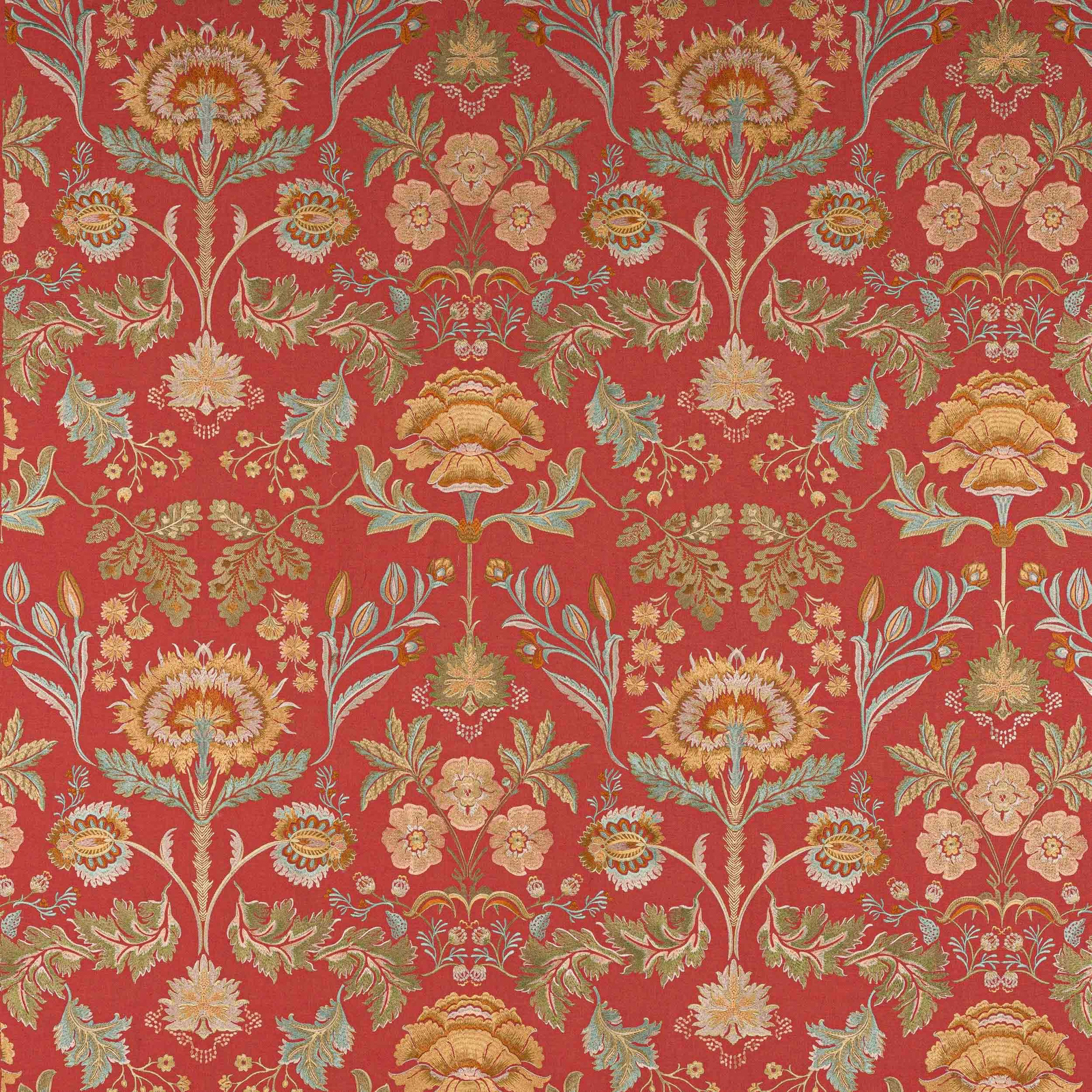 Red floral damask fabric with scrolling green and gold motifs