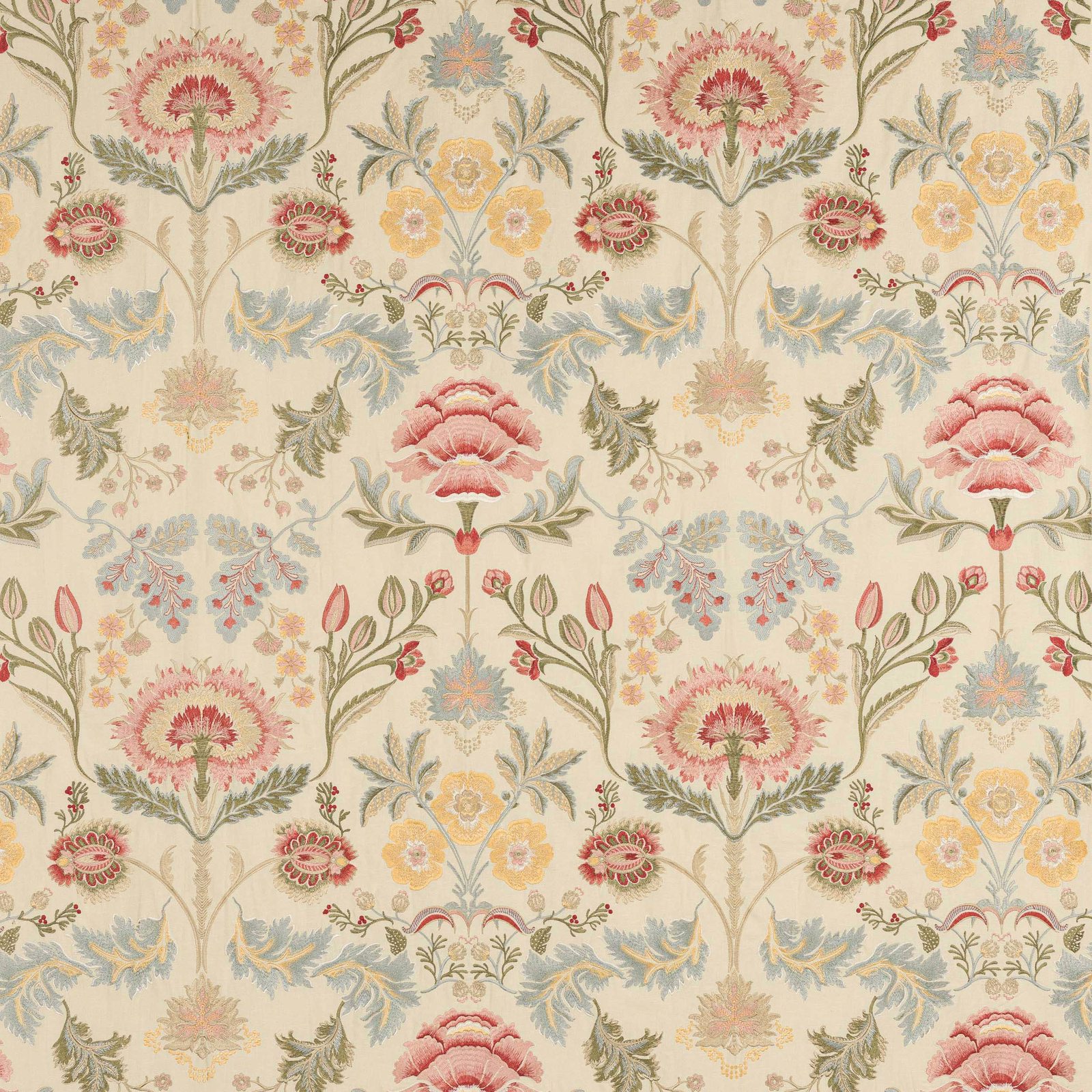 Cream floral fabric with rose, sage and pale blue scrolling motifs