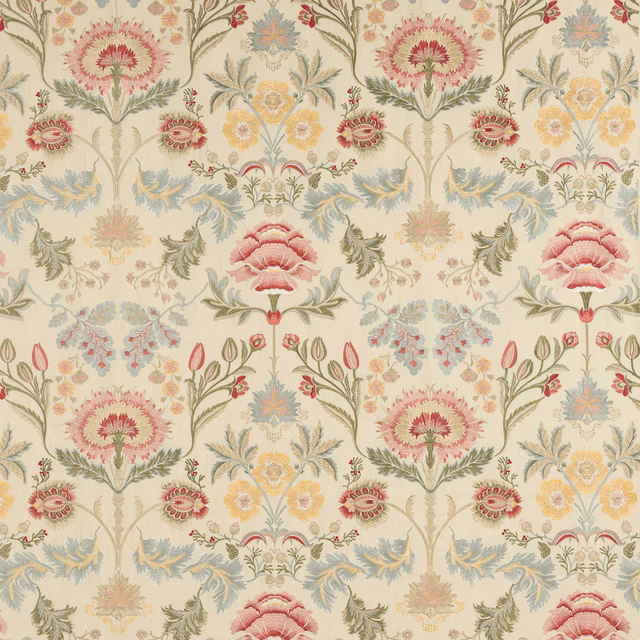Cream floral fabric with rose, sage and pale blue scrolling motifs