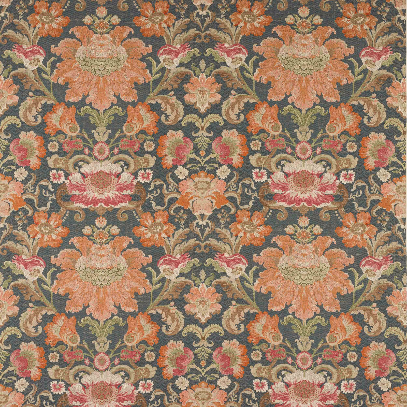 Ornate floral linen fabric on a deep navy ground with coral and cream blooms