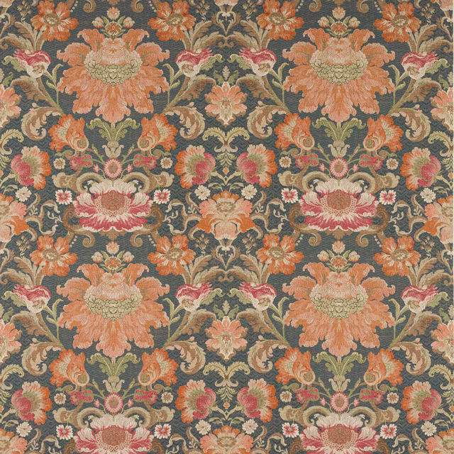 Ornate floral linen fabric on a deep navy ground with coral and cream blooms