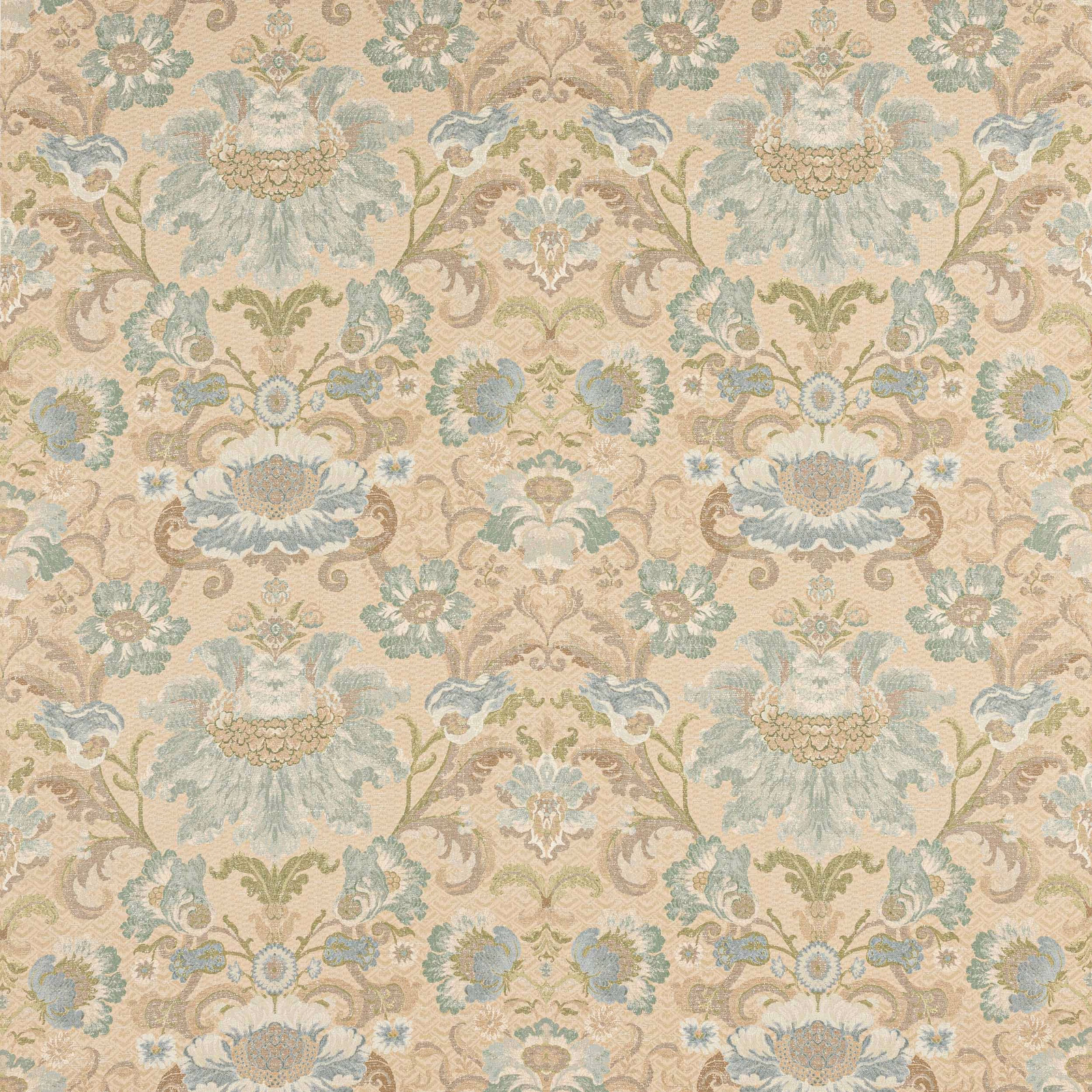Large floral damask in muted old blue, sage and cream on linen ground