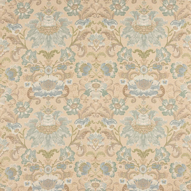 Large floral damask in muted old blue, sage and cream on linen ground