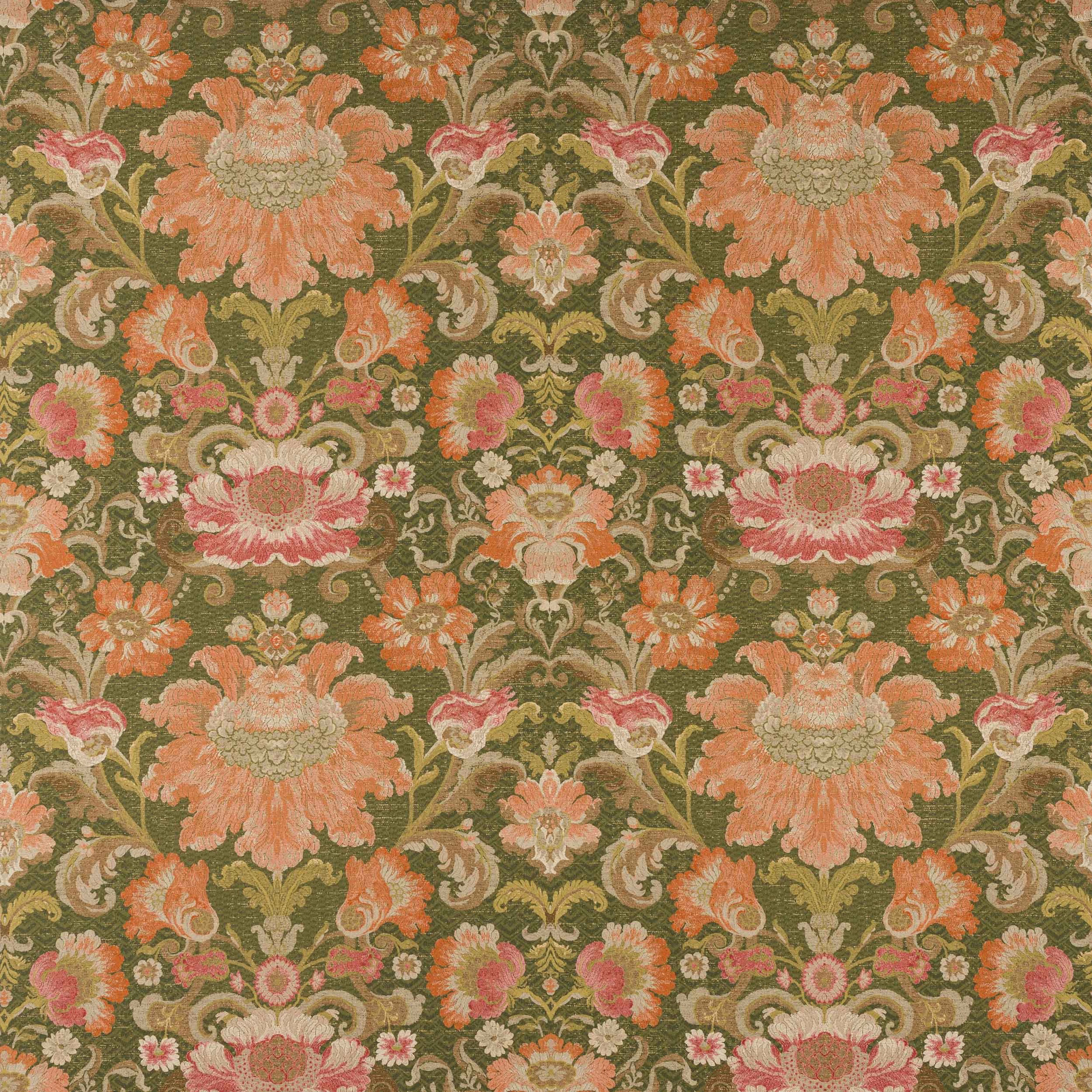 Large-scale floral linen fabric on an olive green ground with coral and blush blooms