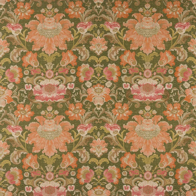 Large-scale floral linen fabric on an olive green ground with coral and blush blooms