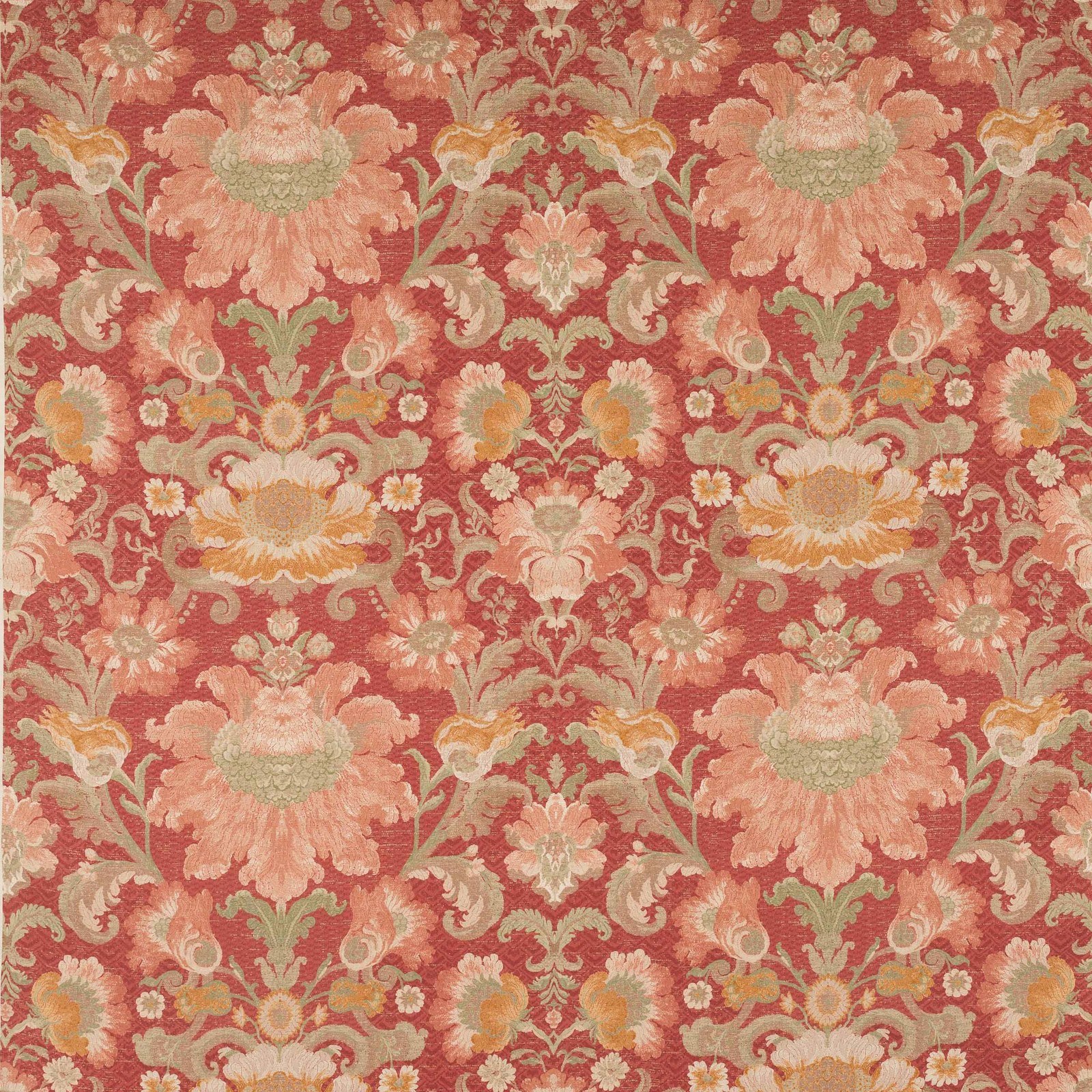 Large-scale floral linen fabric in coral red with blush, sage and gold detailing