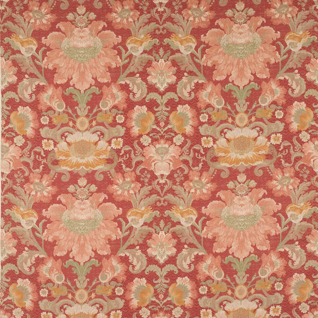 Large-scale floral linen fabric in coral red with blush, sage and gold detailing