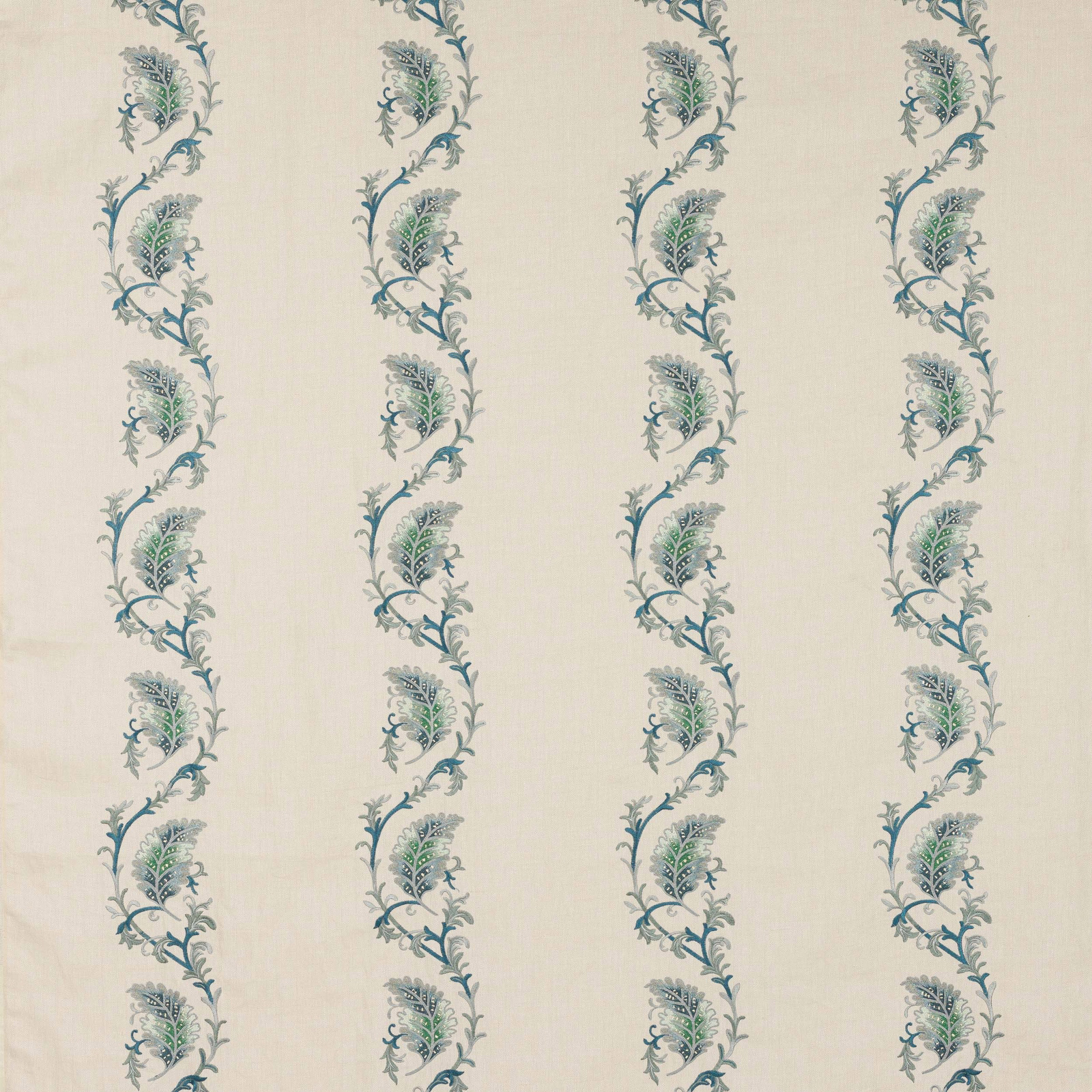 Vertical blue-green botanical stripe on a soft ivory woven fabric swatch