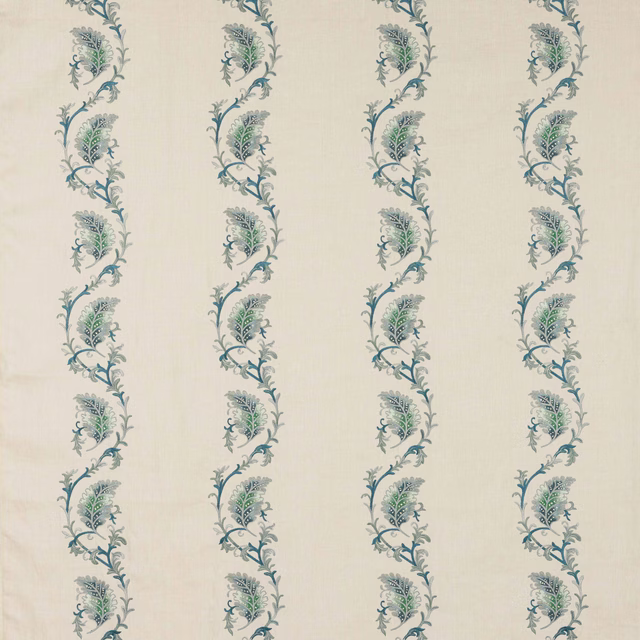 Vertical blue-green botanical stripe on a soft ivory woven fabric swatch