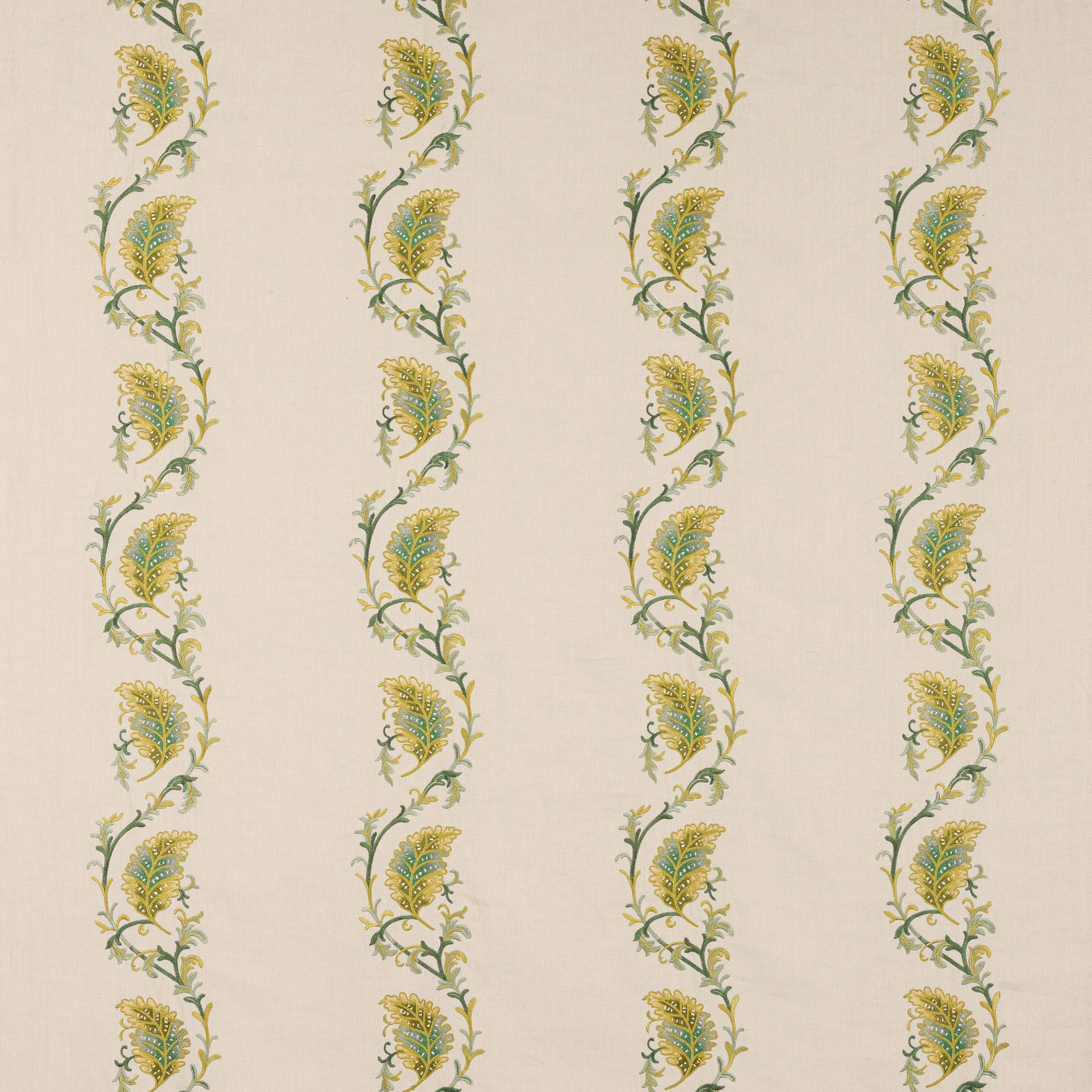 Cream fabric swatch with vertical green and gold scrolling leaf stripes