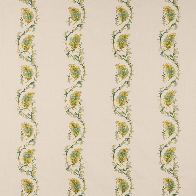 Cream fabric swatch with vertical green and gold scrolling leaf stripes