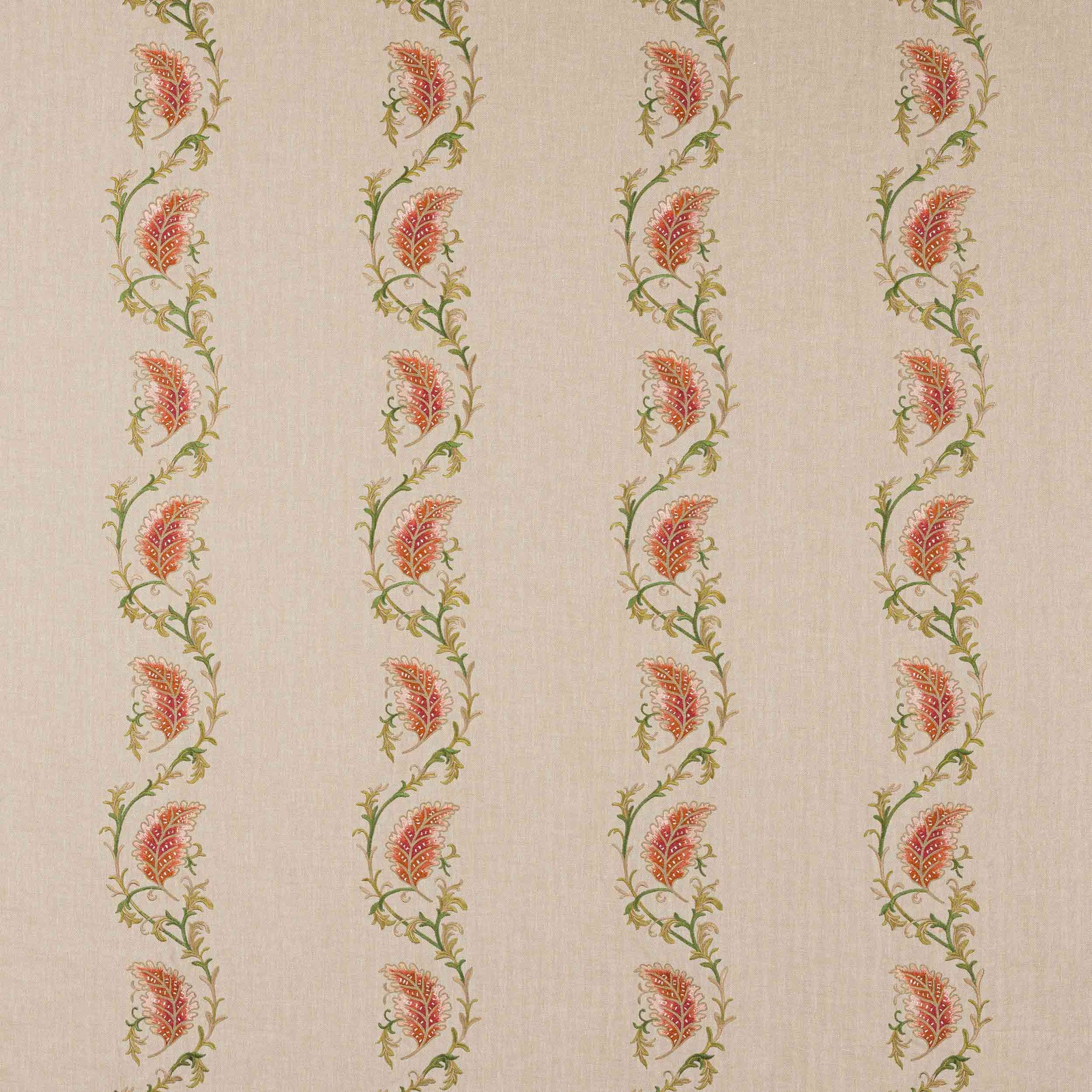 Vertical floral stripe fabric with coral-red motifs and green vine stems on a pale ground