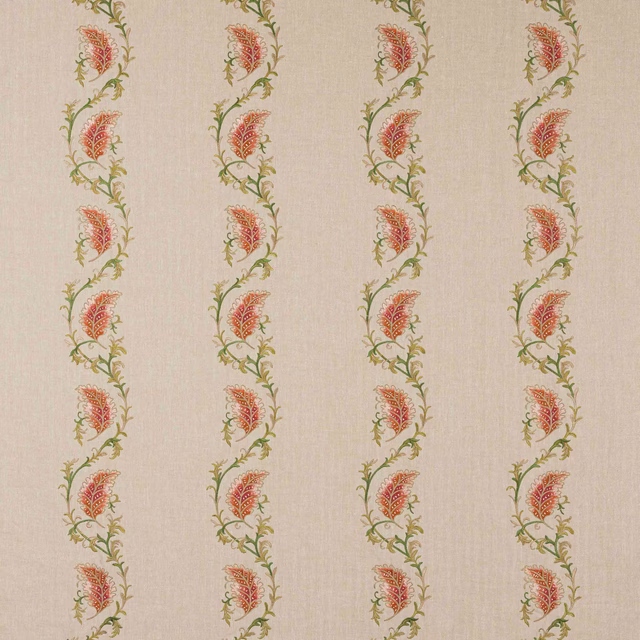 Vertical floral stripe fabric with coral-red motifs and green vine stems on a pale ground