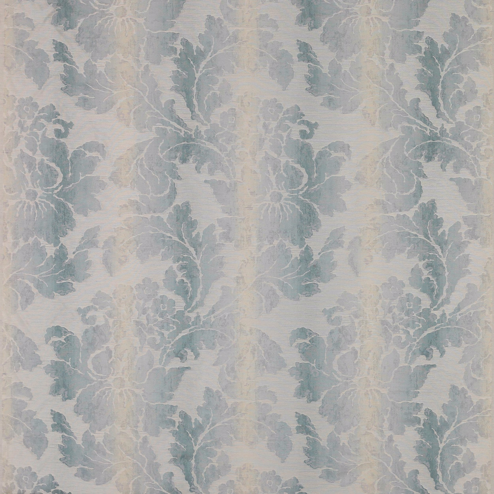 Pale aqua damask fabric with soft floral motifs on a light ground