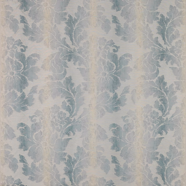 Pale aqua damask fabric with soft floral motifs on a light ground