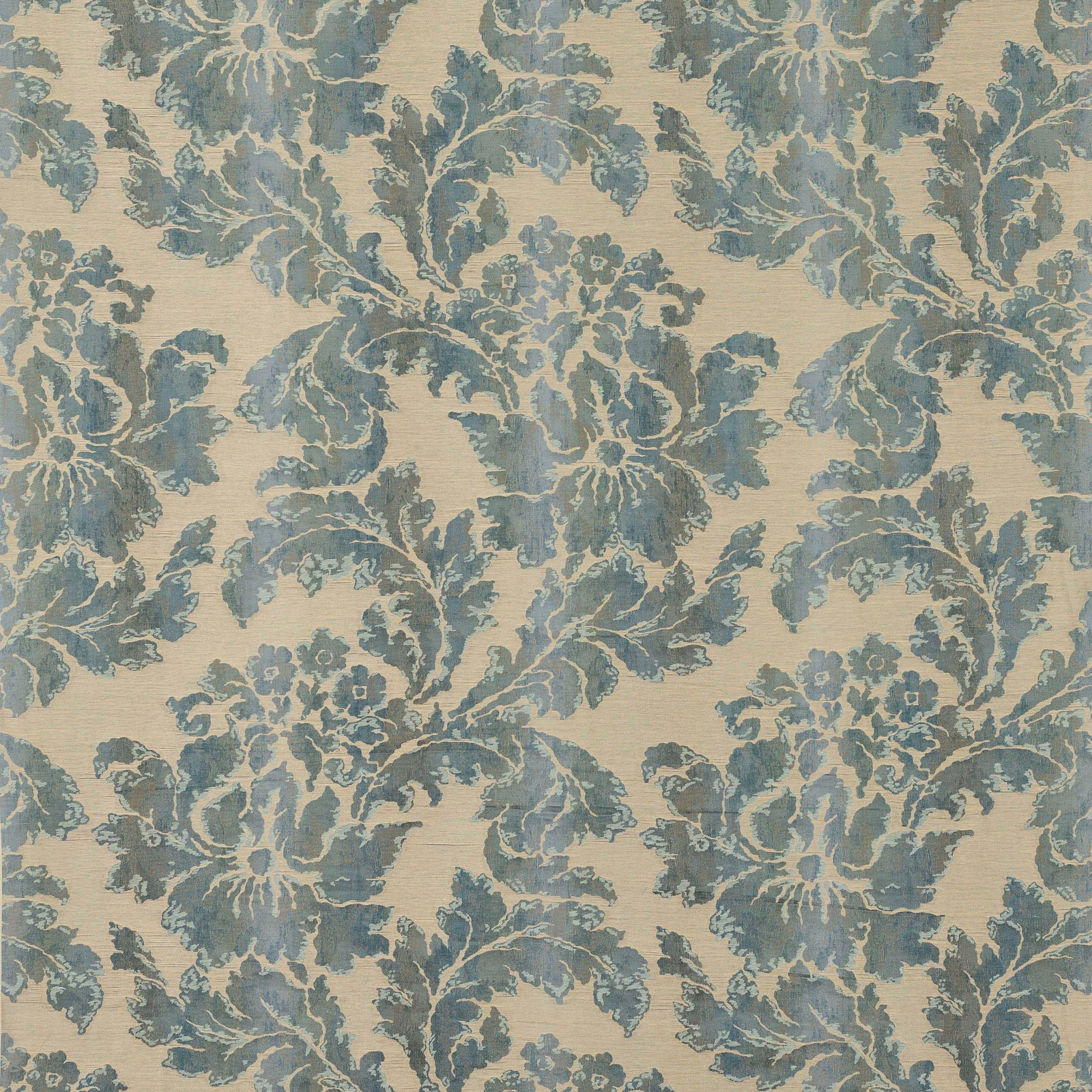 Blue-grey damask pattern on a warm ivory woven ground