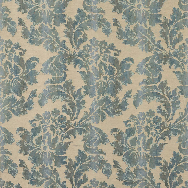 Blue-grey damask pattern on a warm ivory woven ground
