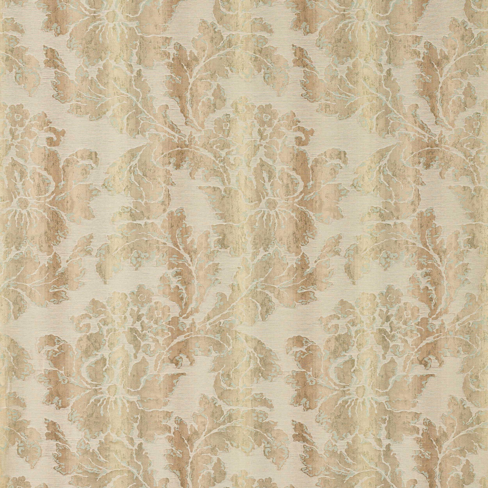 Warm beige damask fabric with bronze and taupe floral motif on a pale ground