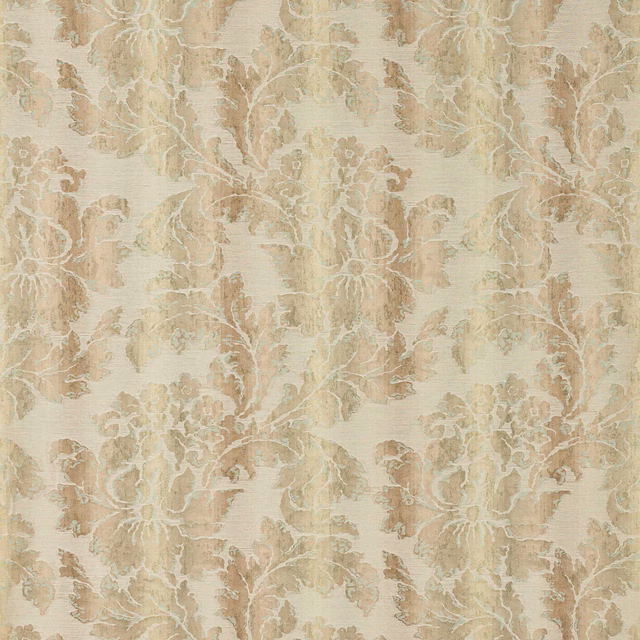 Warm beige damask fabric with bronze and taupe floral motif on a pale ground