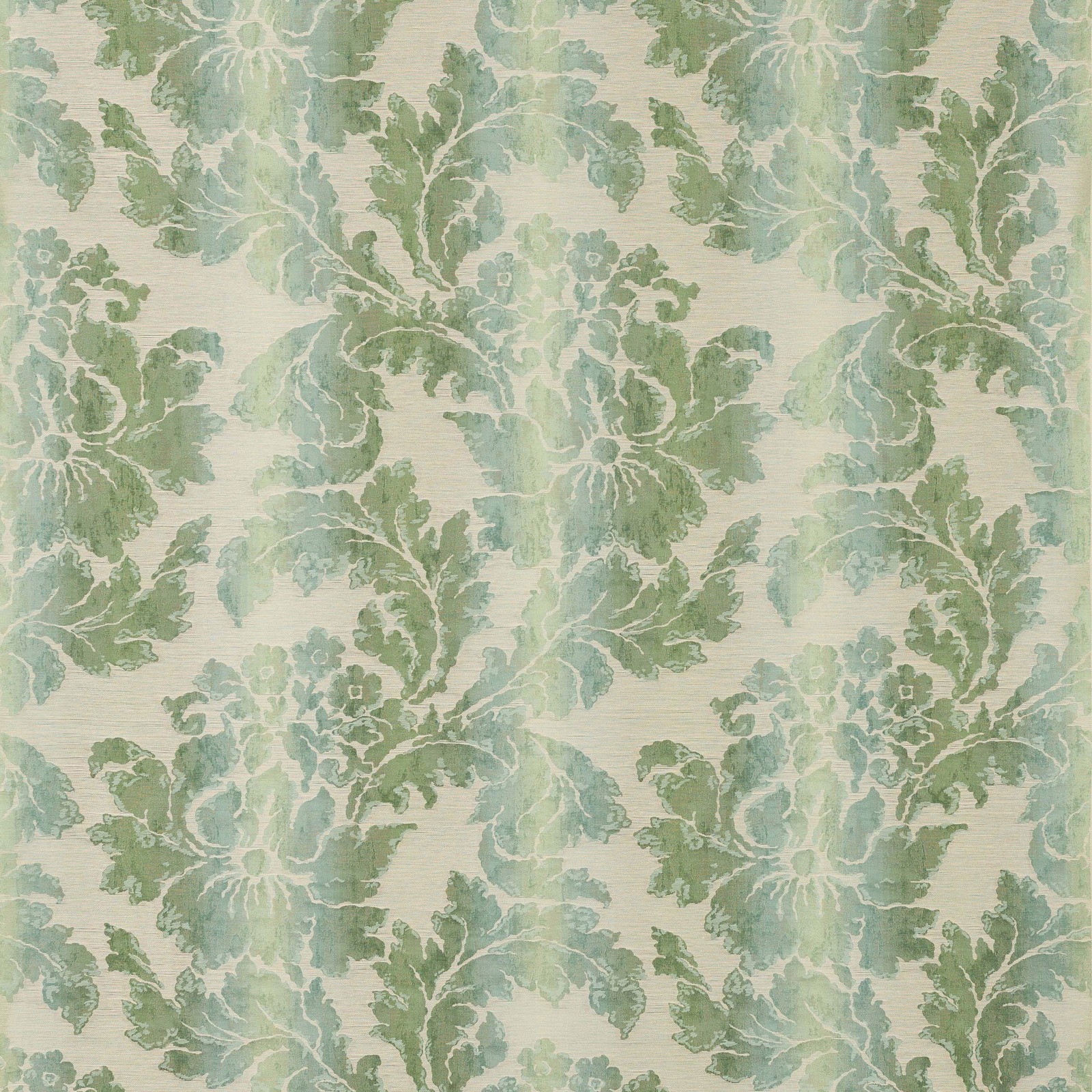 Large leafy floral fabric in muted green and cream, with soft painterly texture