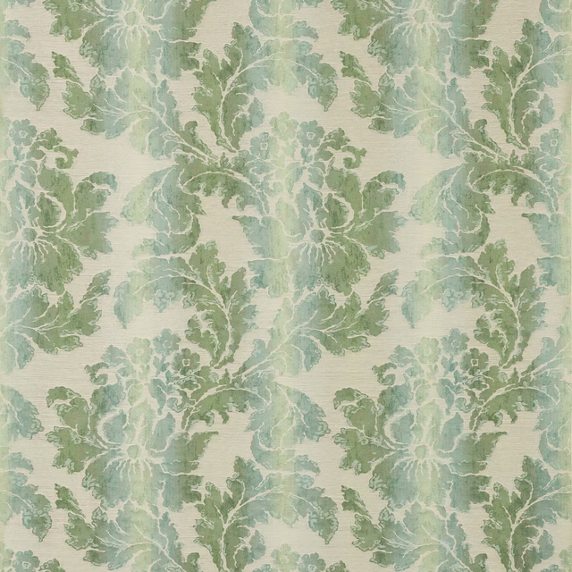 Large leafy floral fabric in muted green and cream, with soft painterly texture