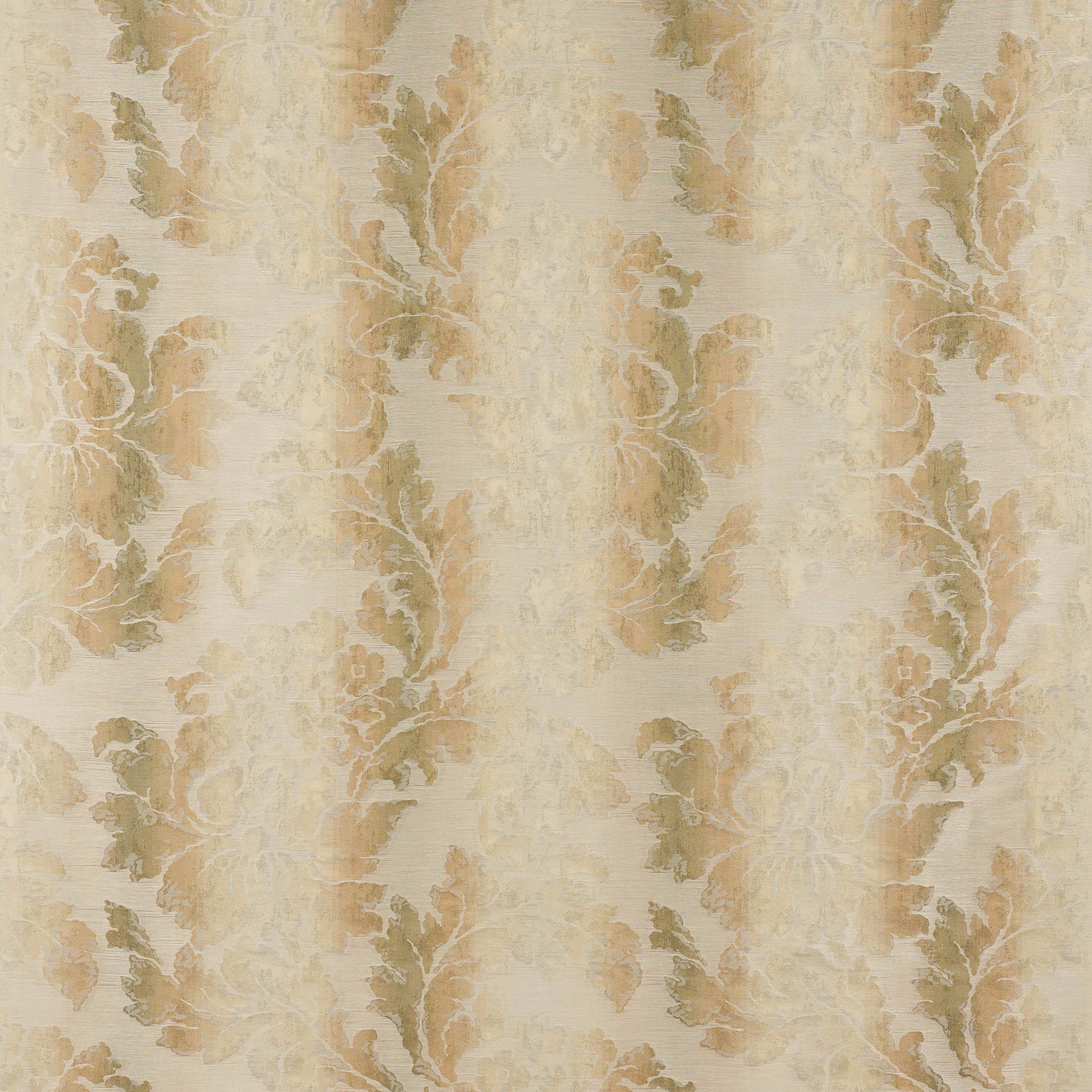 Pale gold damask fabric with scrolling leaf motif and soft woven texture