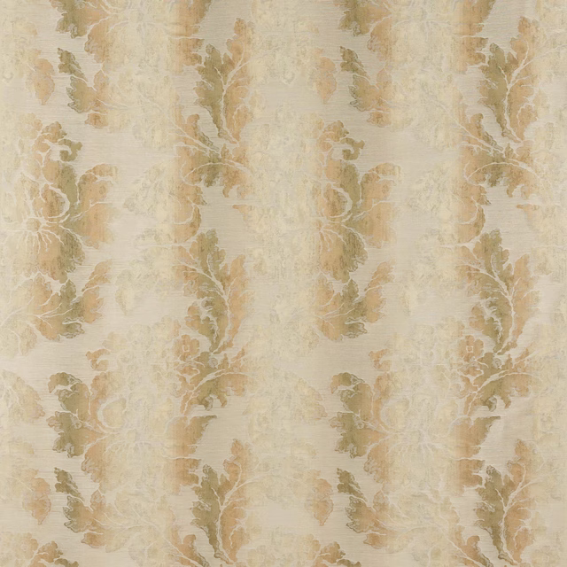 Pale gold damask fabric with scrolling leaf motif and soft woven texture