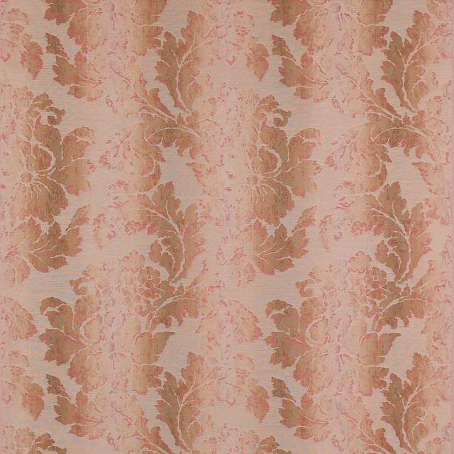 Soft red and gold damask fabric on a pale blush ground