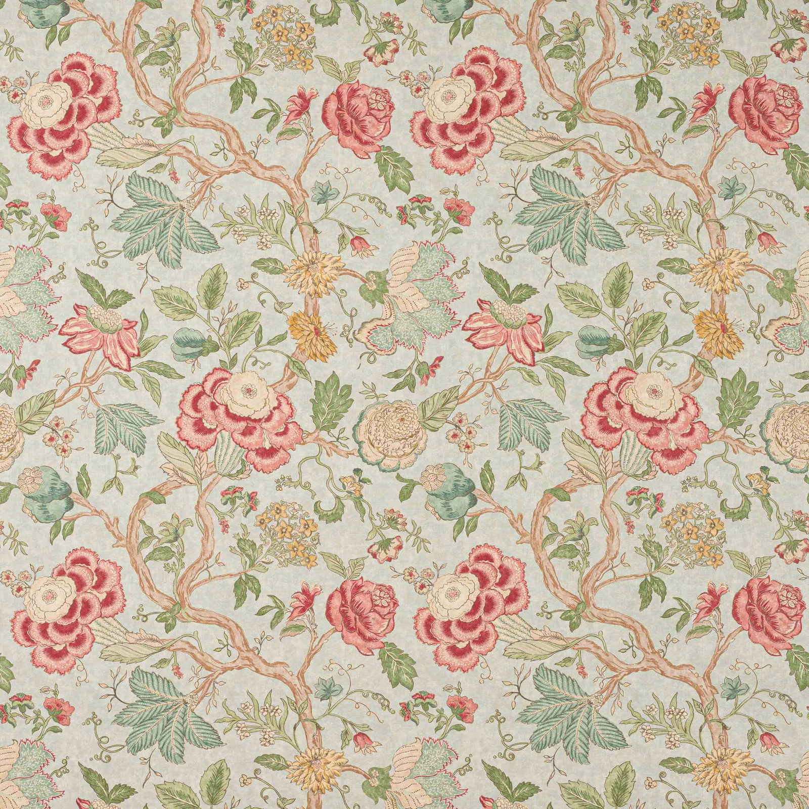 Large-scale floral linen fabric with soft aqua ground and blush pink flowers