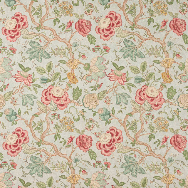 Large-scale floral linen fabric with soft aqua ground and blush pink flowers