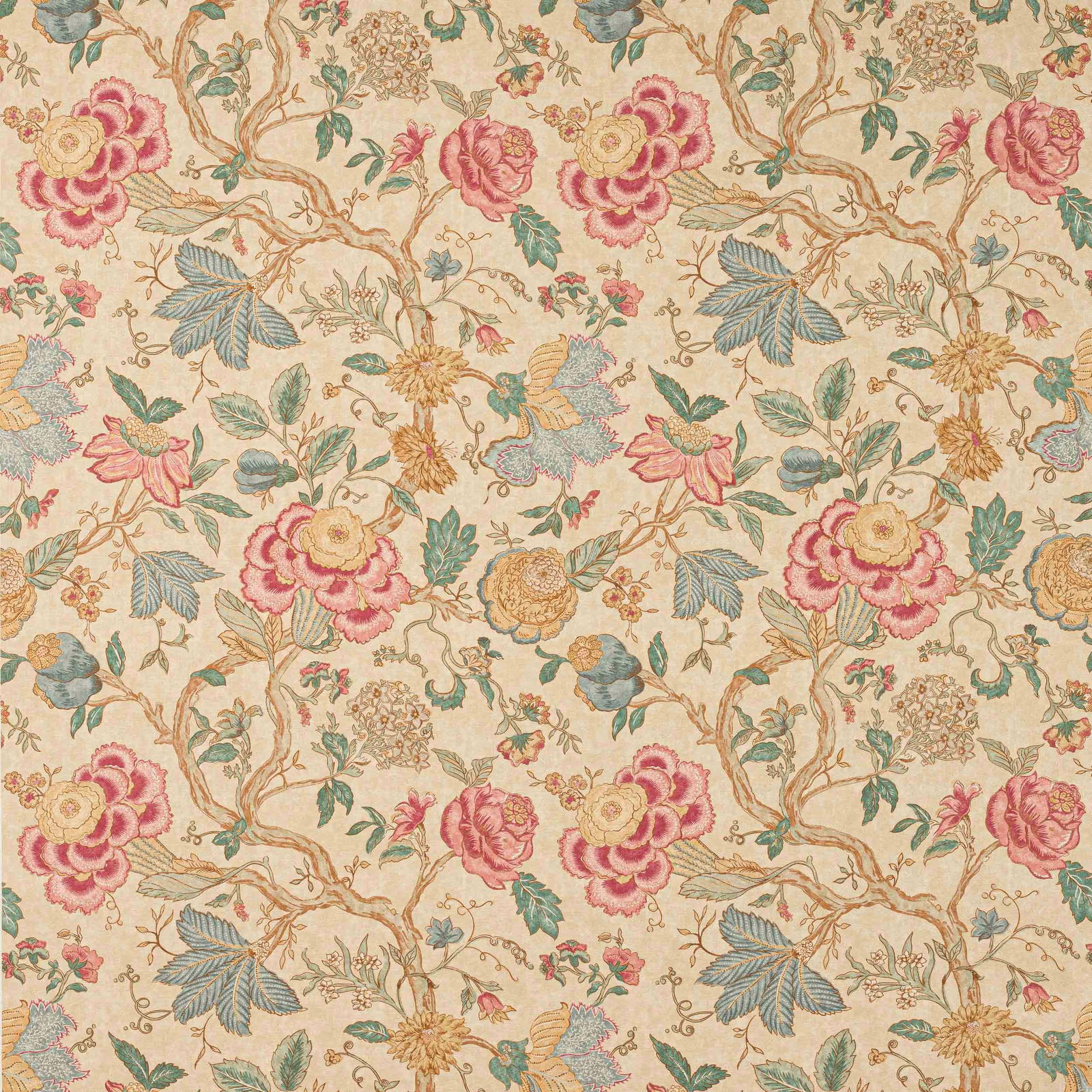 Ochre-beige floral linen swatch with pink, blue and green trailing motifs
