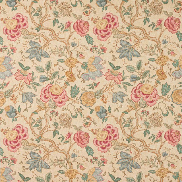 Ochre-beige floral linen swatch with pink, blue and green trailing motifs