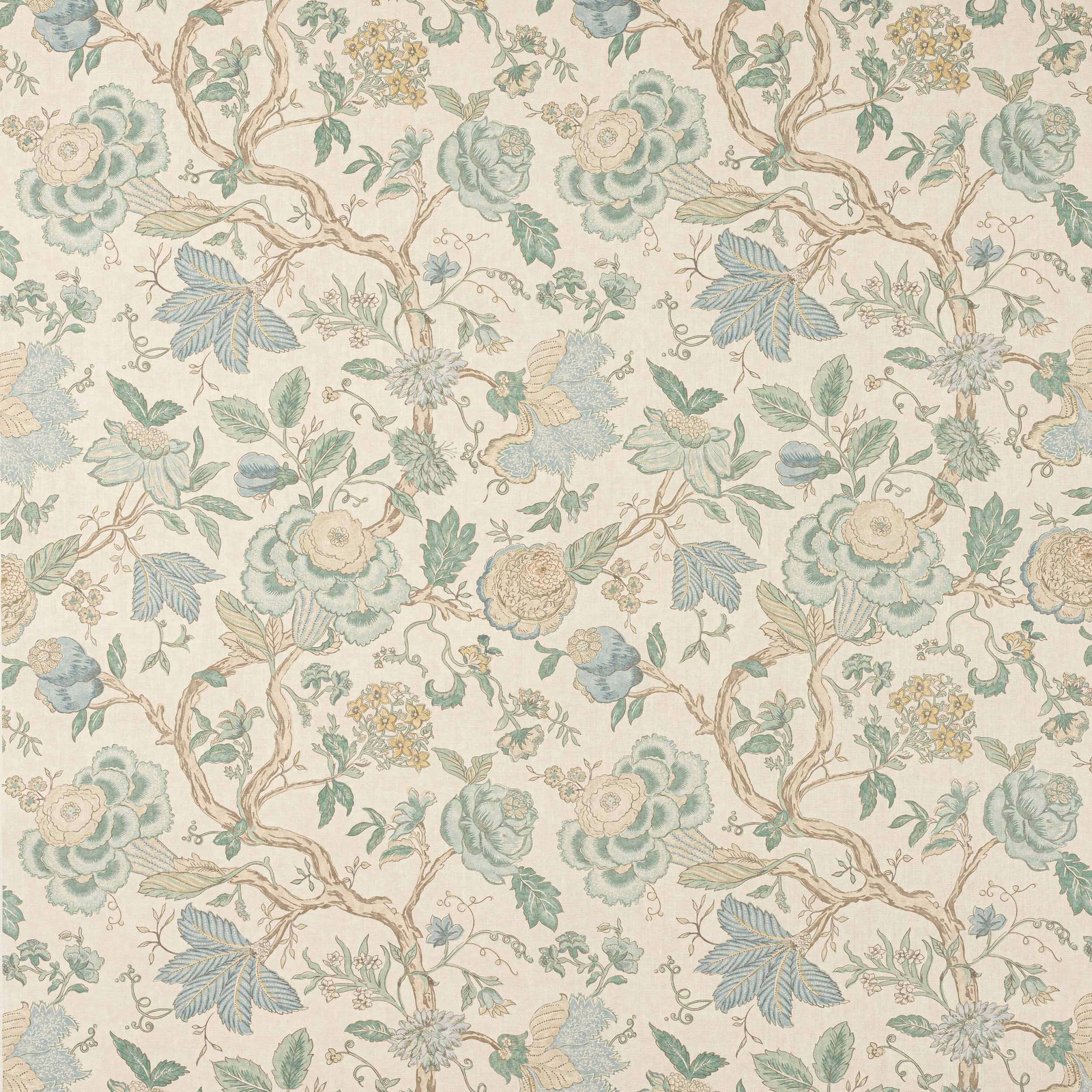 Botanical linen fabric with ivory ground, old blue flowers and sage leaves