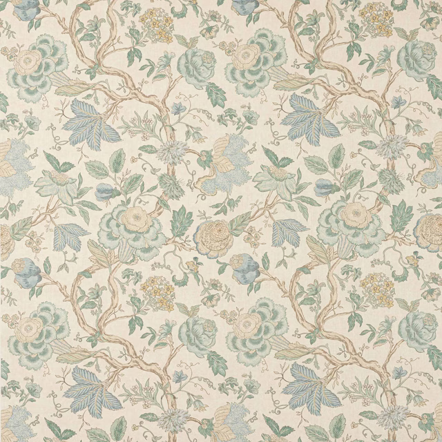 Botanical linen fabric with ivory ground, old blue flowers and sage leaves