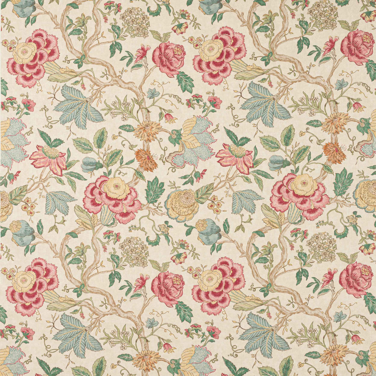 Painterly pink and green floral linen print on an ivory ground