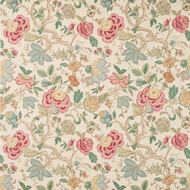 Painterly pink and green floral linen print on an ivory ground