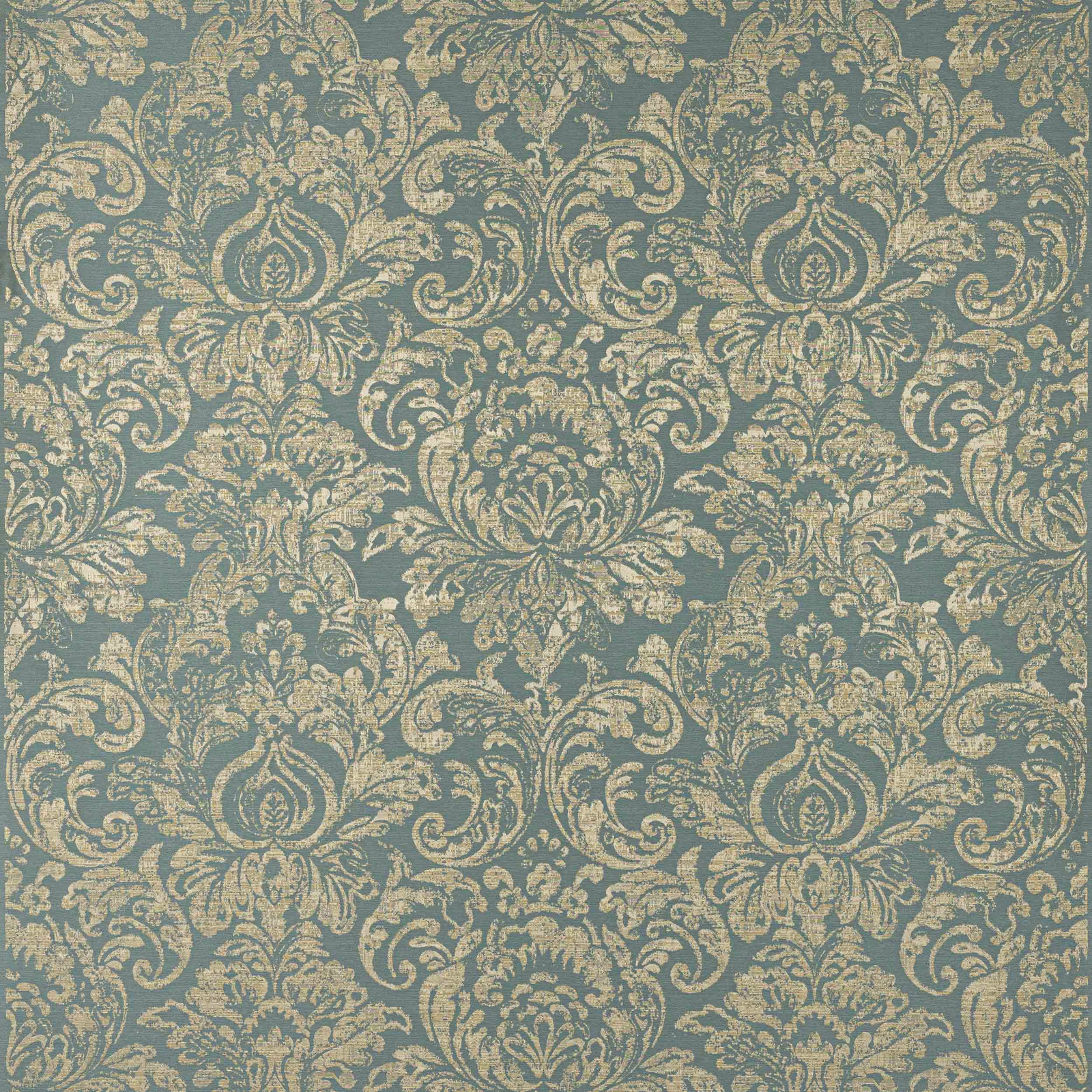 Blue-green damask fabric with pale gold scrolling floral motifs and soft woven texture