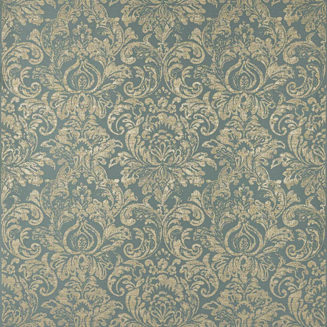 Blue-green damask fabric with pale gold scrolling floral motifs and soft woven texture