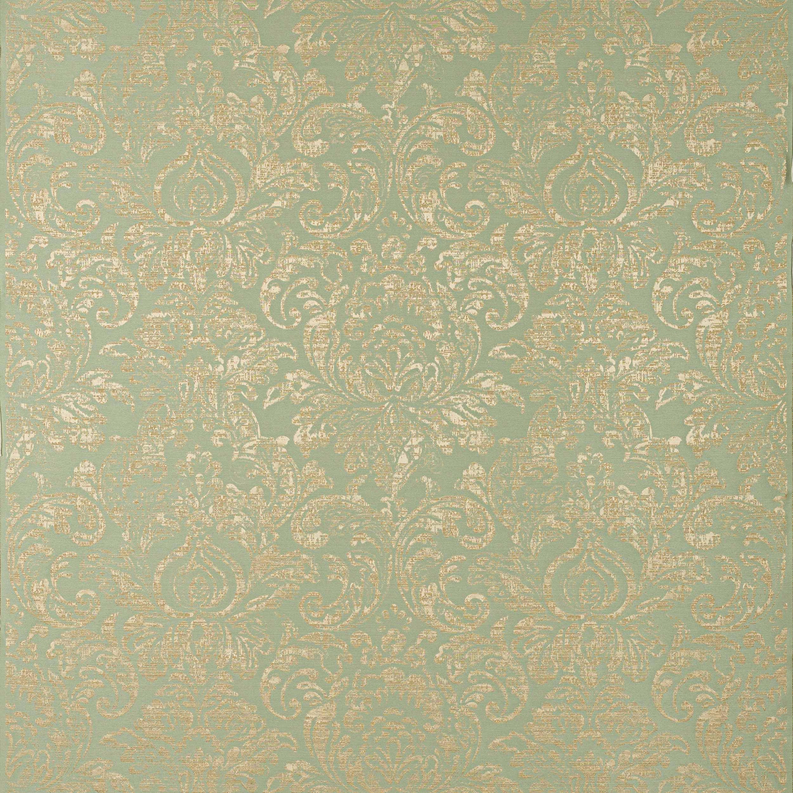 Celadon green damask fabric with antique gold scroll motifs and a soft sheen